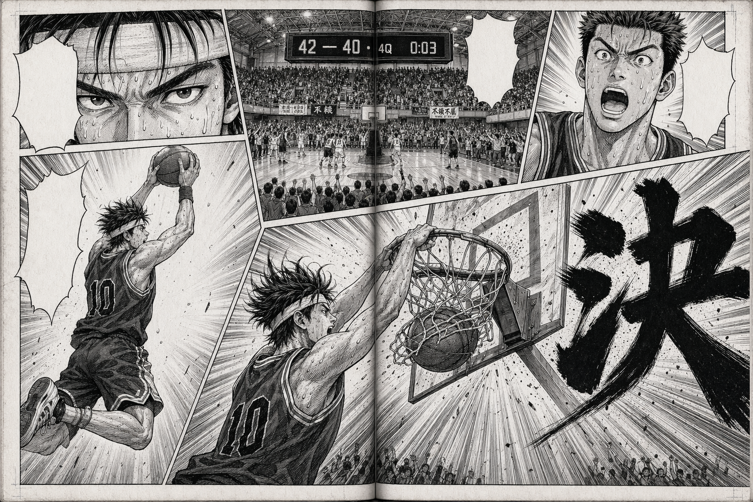 GPT-Image-2 Case · Shonen Manga Double-Page Spread (Basketball Slam Dunk)
