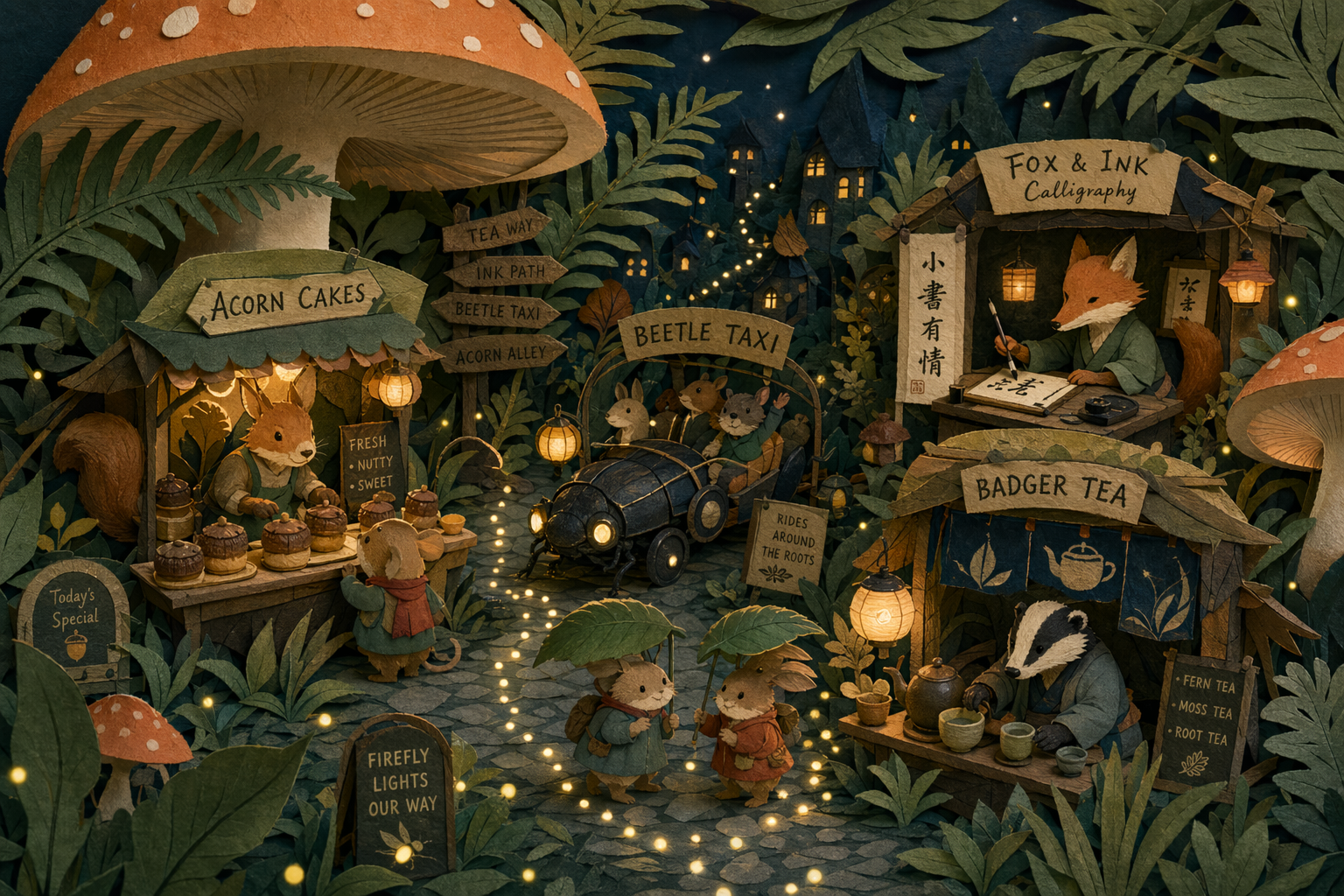 GPT-Image-2 Case · Paper-Cut Forest Night Market Illustration