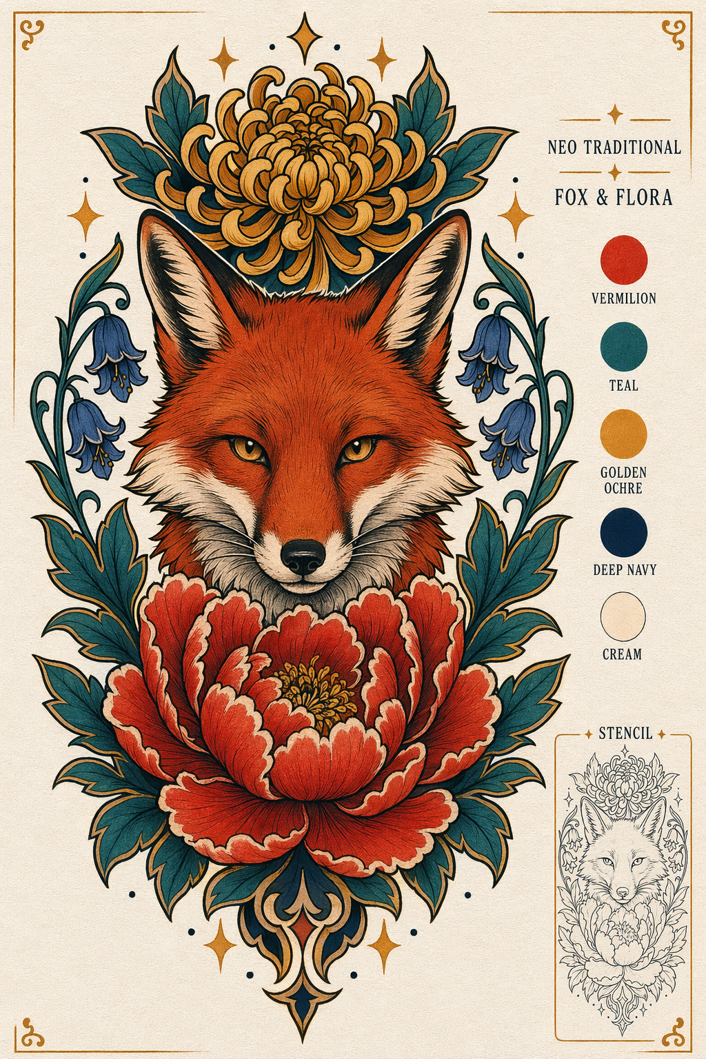 GPT-Image-2 Case · Colorful Neo-Traditional Fox Floral Tattoo