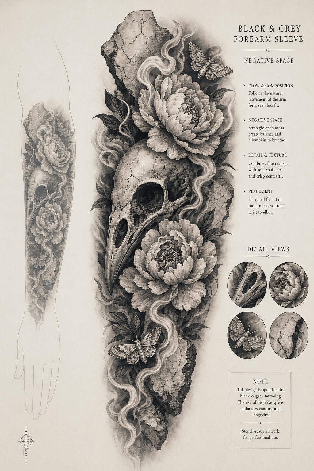 GPT-Image-2 Example · Realistic Black and Grey Sleeve Tattoo Design